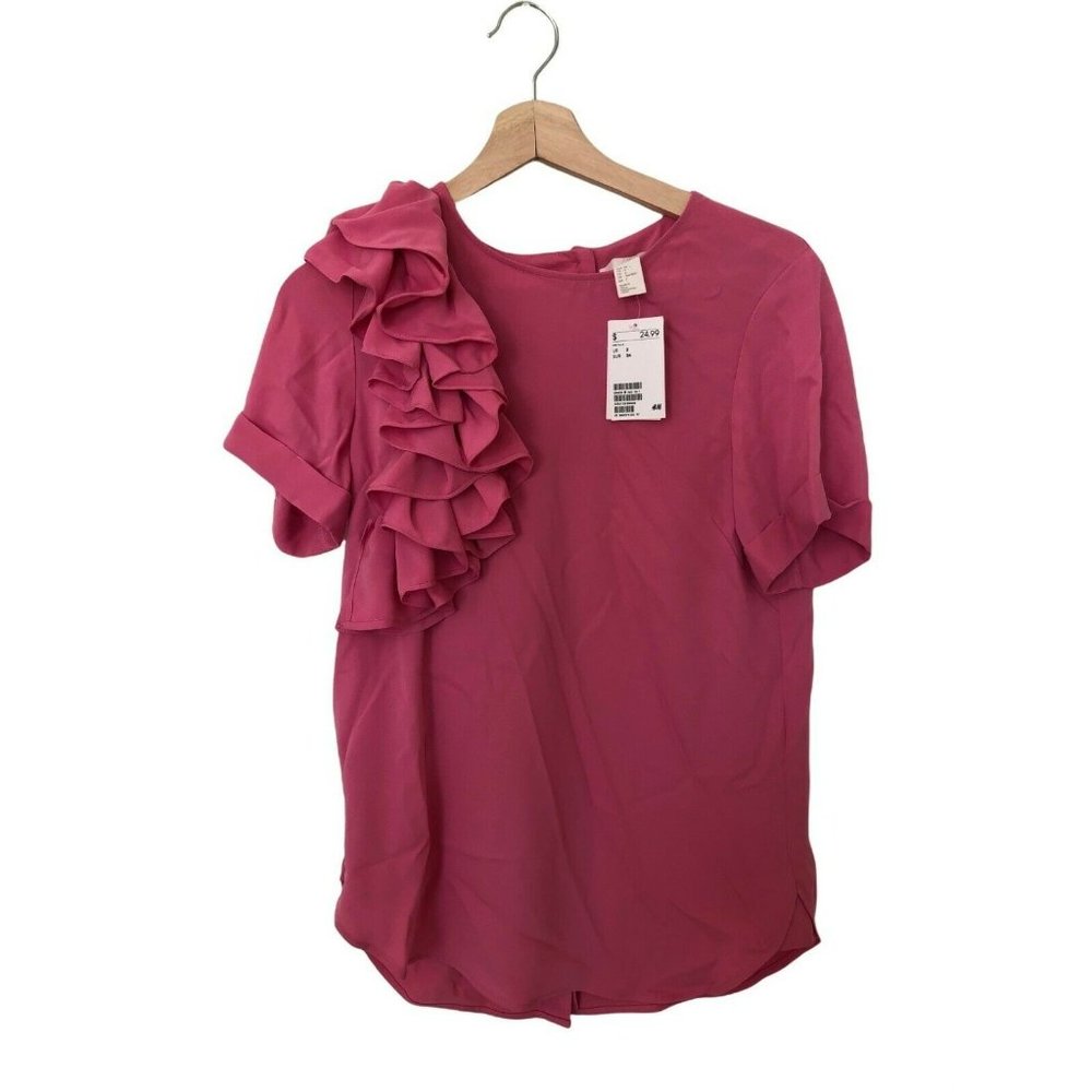 H&M Hot Pink Short Sleeve Blouse with Ruffles Asymmetrical Women's Size 2 NEW